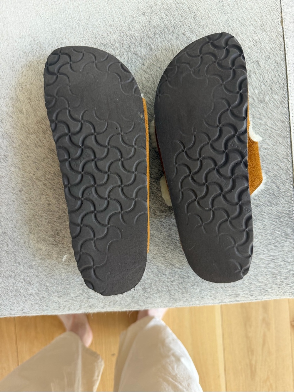 Birkenstock Suede Double Strap Slippers - Chestnut Brown & Cream - Picture 3 of 4